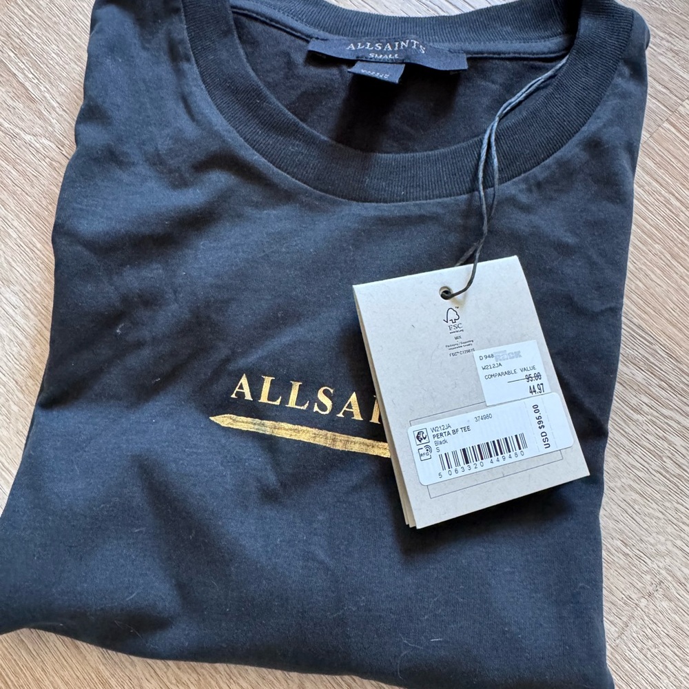AllSaints Black T-Shirt with Gold Logo Accent